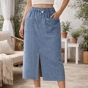 LUMIERE BOUTIQUE NWT COTTON BLEND DENIM PAPERBAG SKIRT WITH POCKETS & FRONT SLIT